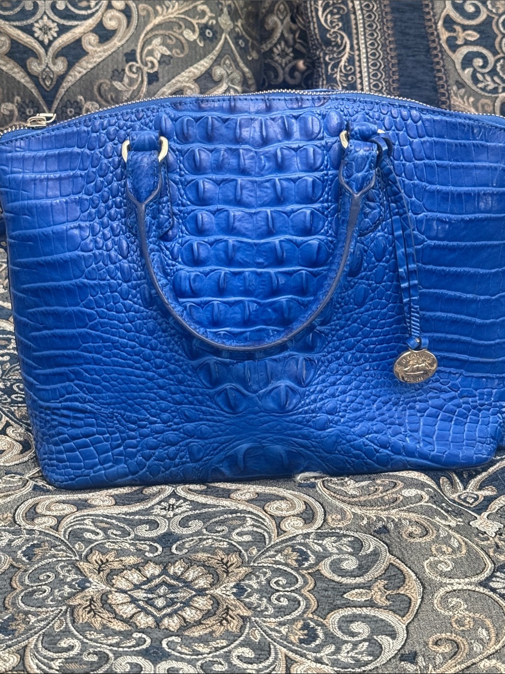 Brahmin Electric Blue Croc-Embossed Tote with Gold Charm